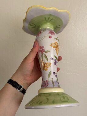 Vintage Ceramic Pillar Candle Stand Floral Butterfly Fairycore Decor